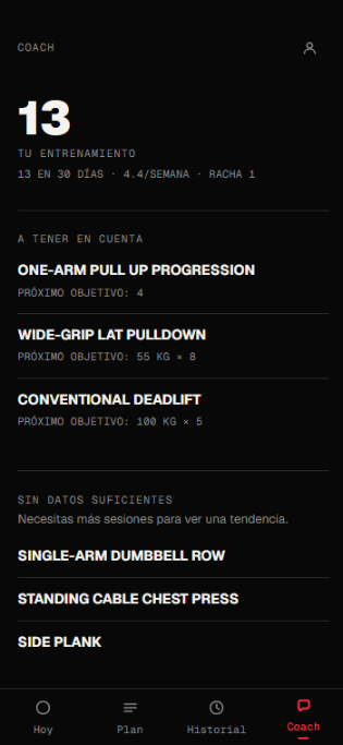 Resumen de progreso y sugerencias de SCOPE en Sport Coach