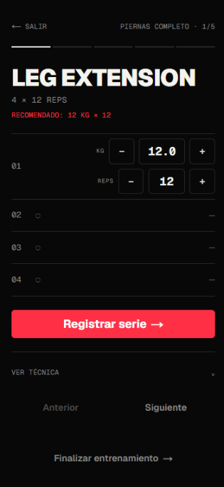Pantalla de entrenamiento con Smart Target en Sport Coach